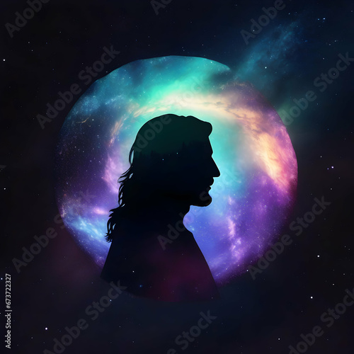 The silhouette of Jesus Christ with a dark sky galaxy in the background. 