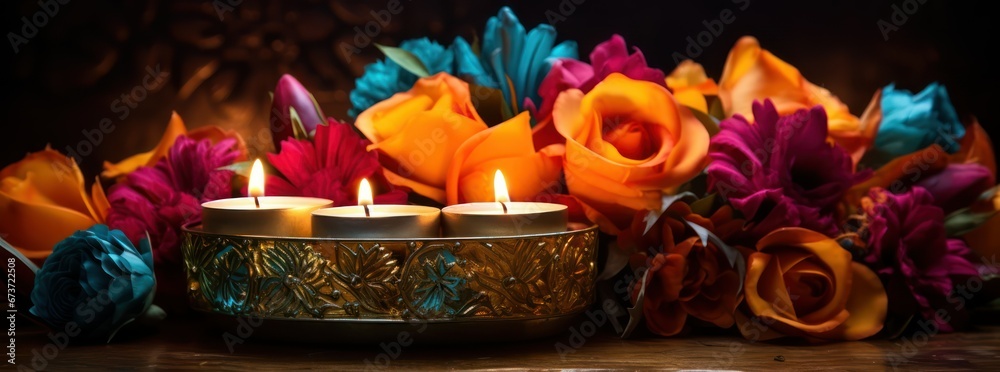 Happy Deepavali festival with oil lamp and flowers, Hindu Festival of Lights Celebration, diya lamps, candle, indian oil lights deccotation Happy Deepavali festival with oil lamp and flowers, Hindu Festival of Lights Celebration, diya lamps, candle, indian oil lights deccotation