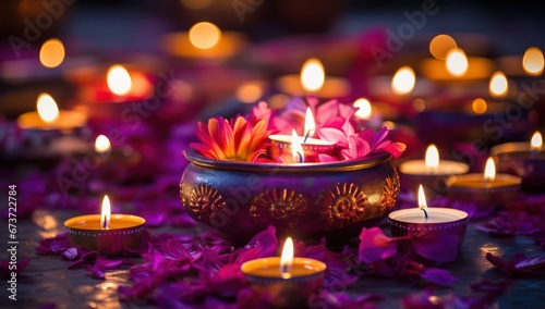 Hindu Festival of Lights Celebration  hindu puja ornaments  preyer background  Happy Diwali festival with oil lamp on night background