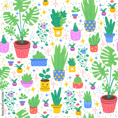 Seamless pattern with house flowers. Green tropical plants in colorful pots. Decor textile  wrapping paper  wallpaper design. Print for fabric. Cartoon flat isolated vector concept