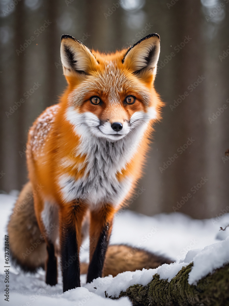 a little fox alone in a snowy forest