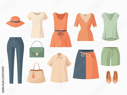 set of woman summer clothes , flat color vector style image , fashion wearing illustration