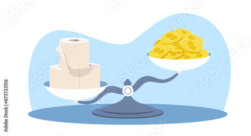 Toilet paper is worth more on scale than gold coins. Napkins is more expensive than gold. Reduction in value of money. Economical crisis. Cartoon flat style isolated vector concept