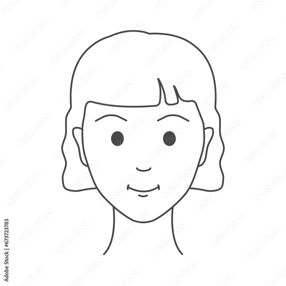 Portrait of a young woman. Teenage girl, school kid. Female face in front view. Happy and radiant look. Youthfulness concept. Linear vector illustration.
