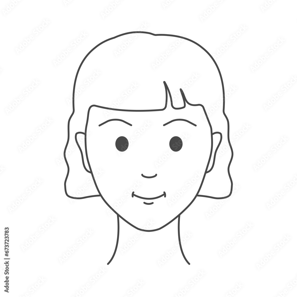 Portrait of a young woman. Teenage girl, school kid. Female face in front view. Happy and radiant look. Youthfulness concept. Linear vector illustration. Portrait of a young woman. Teenage girl, school kid. Female face in front view. Happy and radiant look. Youthfulness concept. Linear vector illustration.