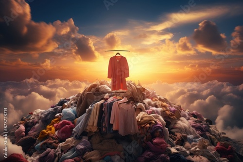 Huge piles of unnecessary clothes in the landfill. The problem of overproduction, irrational consumption and environmental pollution. photo