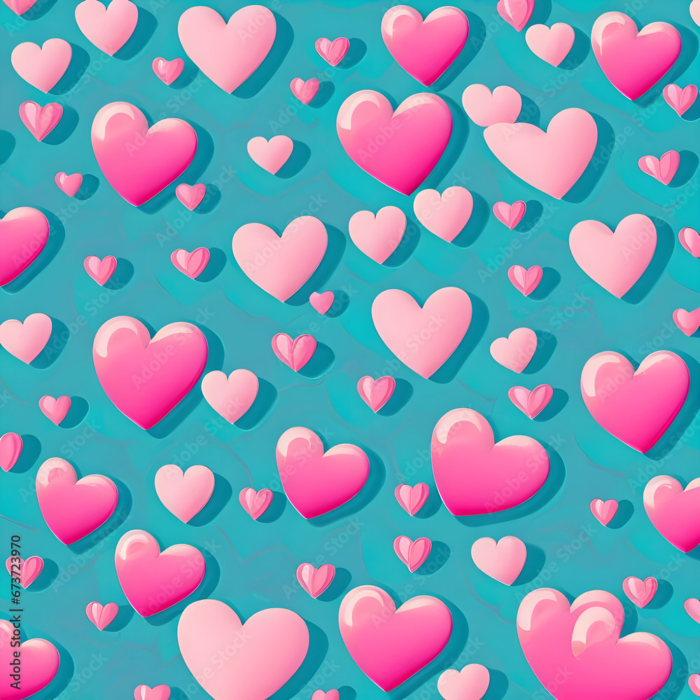 Pattern of pink hearts on a blue background.