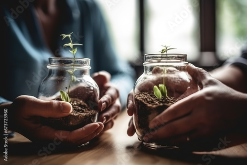 Business people holding glass jars with plants growing from money investment