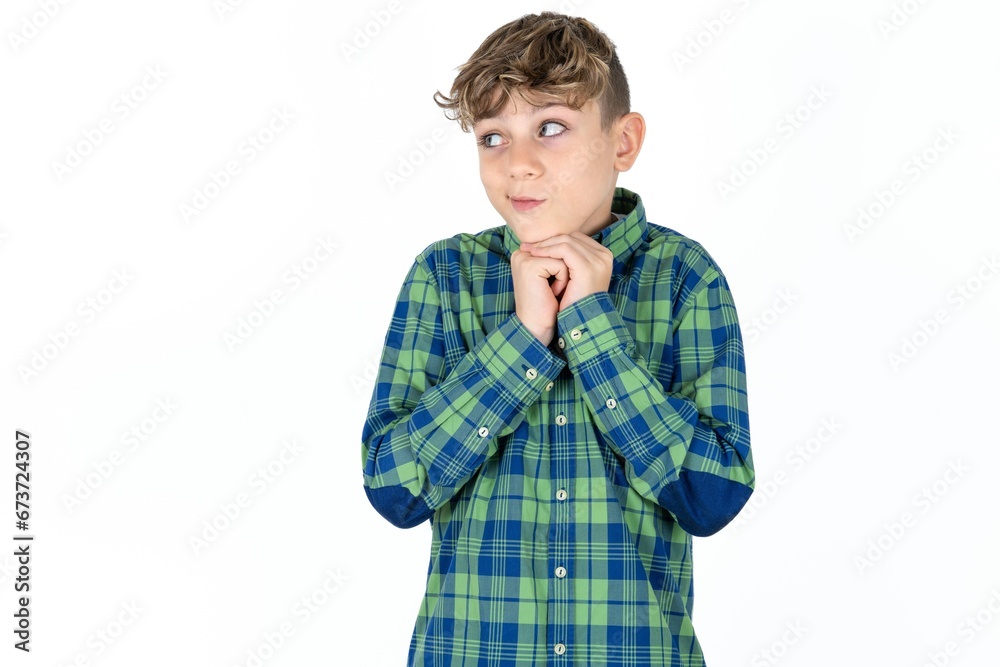 Curious caucasian kid boy wearing plaid shirt keeps hands under chin bites lips and looks with interest aside. Curious caucasian kid boy wearing plaid shirt keeps hands under chin bites lips and looks with interest aside.