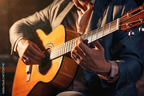 Close-up of an acoustic guitar in the hands of a mature man