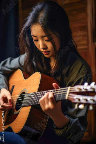 Young Asian woman playing guitar