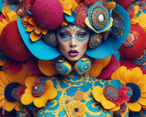 Avant-garde surreal fashion model in bright, vivid colors. Ideal for fashion, avant-garde, and surreal photography concepts. photo