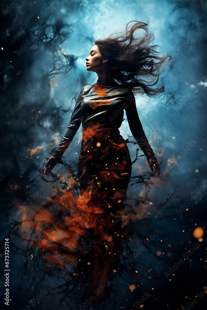levitation of a woman in outer space, in the rays of light effects, stars and the galaxy