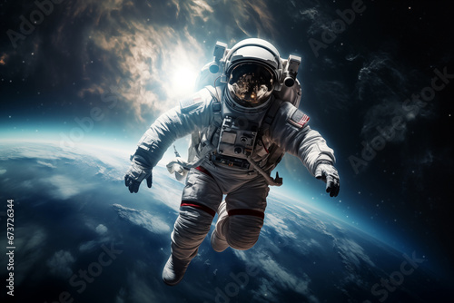 an astronaut in outer space, dressed in a spacesuit, against the background of a planet and nebula