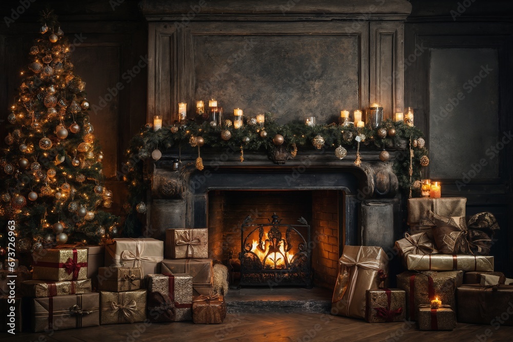 interior of house with burning fire in fireplace, decorated for Christmas or New Year holidays, gifts, Christmas tree, winter season interior of house with burning fire in fireplace, decorated for Christmas or New Year holidays, gifts, Christmas tree, winter season