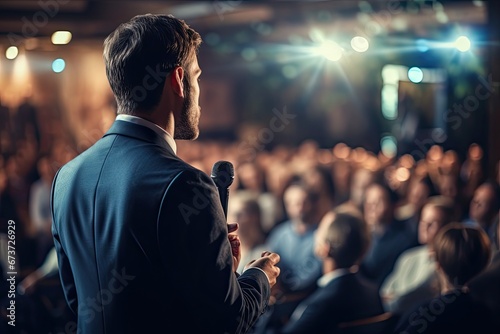 A young man speaks at a seminar in front of his audience. Generated by AI.