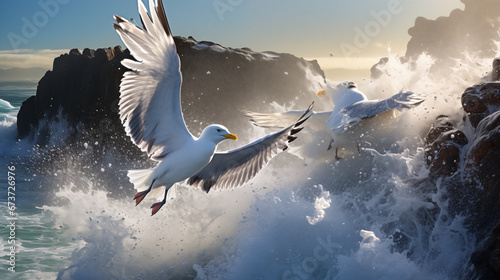 seagulls with waves crashed background photo
