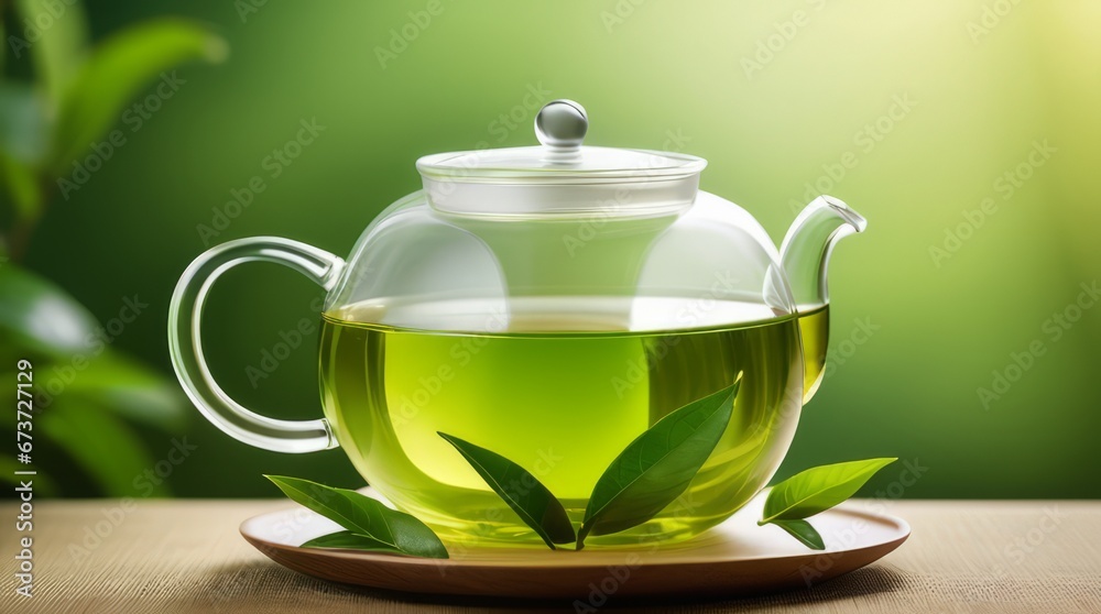 background of teapot and cup of green tea background of teapot and cup of green tea