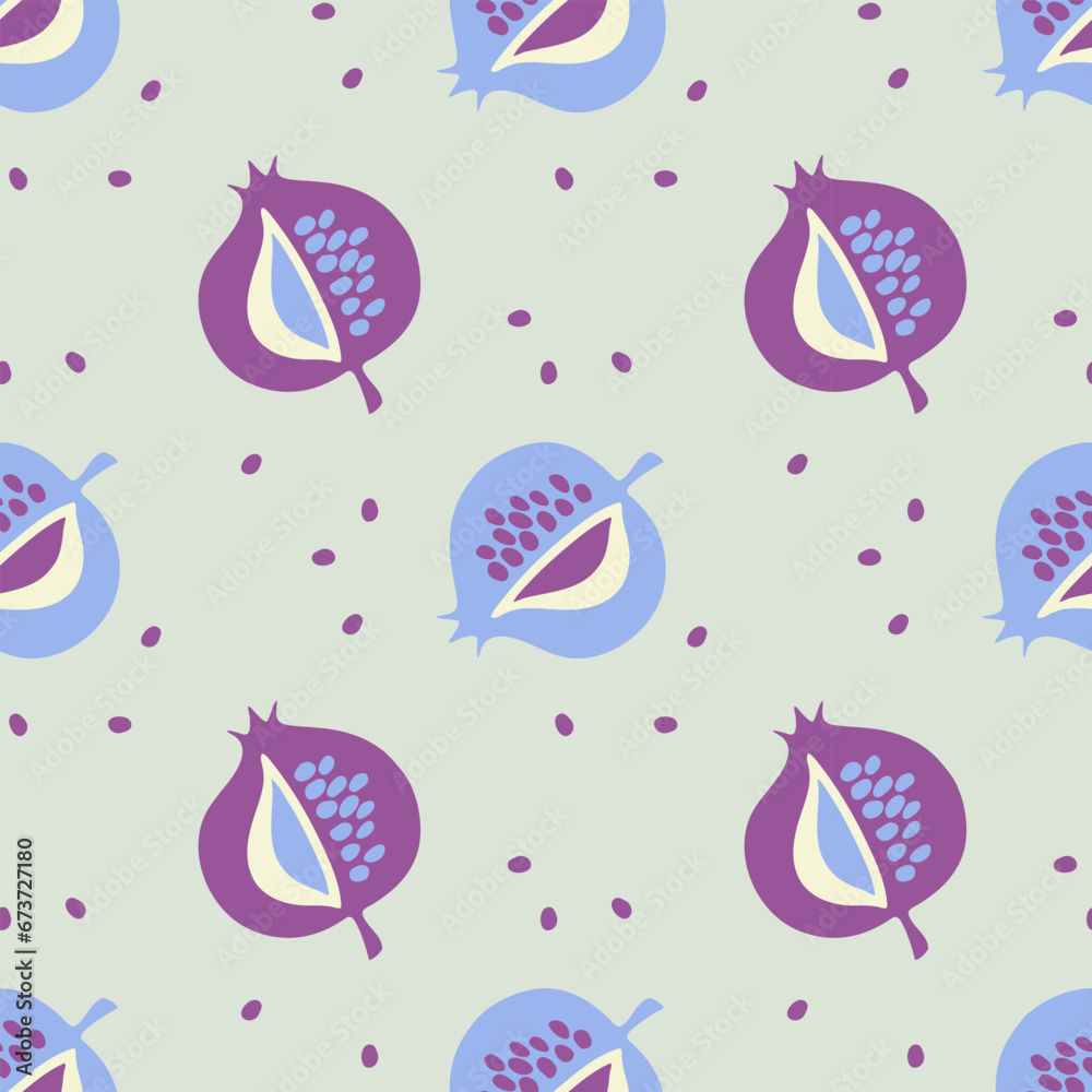Pomegranate fruit pattern, hand drawn doodles in blue and purple colors. Pomegranate fruit pattern, hand drawn doodles in blue and purple colors.