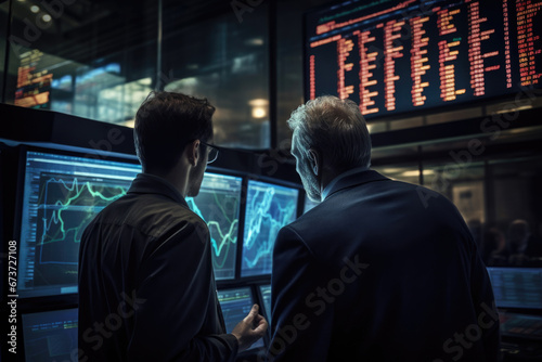 Two trader looks at projected ticker numbers and graphs running, Investing in world stock market, Generative AI.