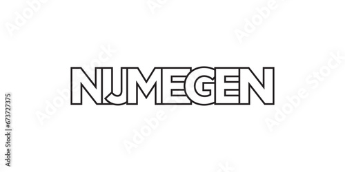 Nijmegen in the Netherlands emblem. The design features a geometric style, vector illustration with bold typography in a modern font. The graphic slogan lettering.