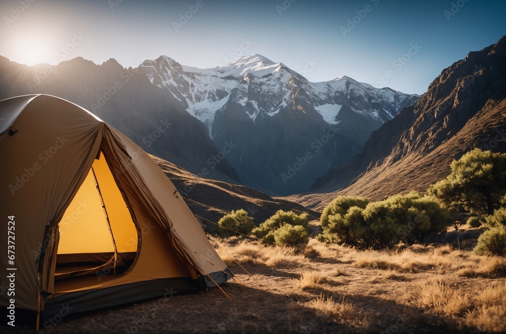 Outdoor-Abenteuer, Zelt im Vordergrund, Berge im Hintergrund.