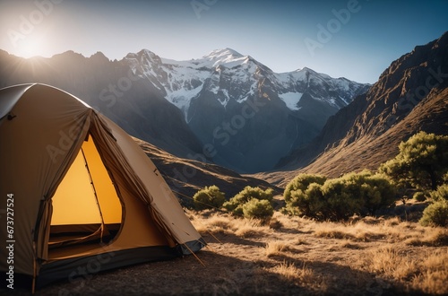 Outdoor-Abenteuer  Zelt im Vordergrund  Berge im Hintergrund.