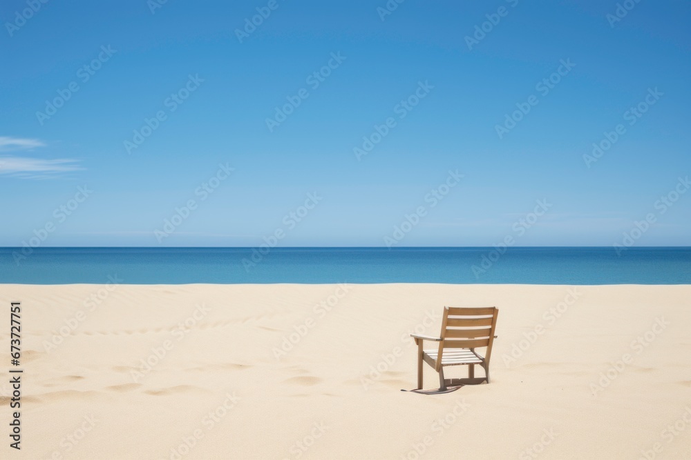 A solitary beach chair casting a long shadow in warm sand, facing the endless horizon. Serene blue sky and gentle waves complete the tranquil scene.