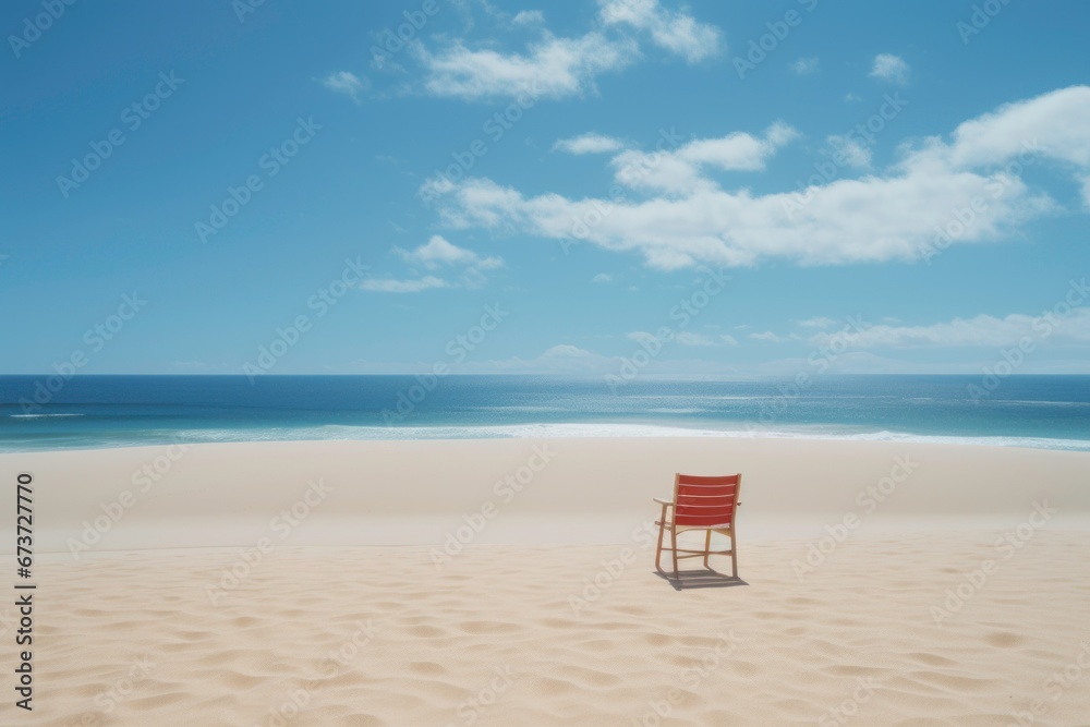 A solitary beach chair casting a long shadow in warm sand, facing the endless horizon. Serene blue sky and gentle waves complete the tranquil scene. A solitary beach chair casting a long shadow in warm sand, facing the endless horizon. Serene blue sky and gentle waves complete the tranquil scene.