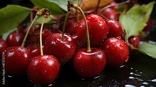 close up of super fresh cherries with water drips