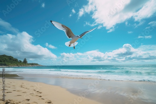 Seagull bird flying over ocean waters at the beach