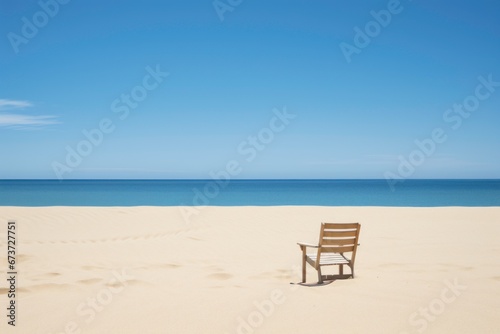 A solitary beach chair casting a long shadow in warm sand  facing the endless horizon. Serene blue sky and gentle waves complete the tranquil scene.