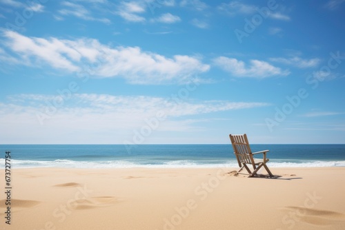 A solitary beach chair casting a long shadow in warm sand, facing the endless horizon. Serene blue sky and gentle waves complete the tranquil scene.