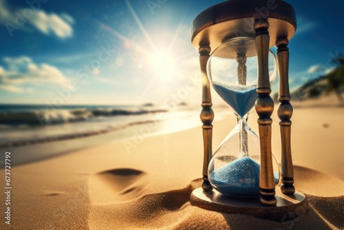 Photo Antique hourglass on sunlit sandy beach with waves gently lapping, sands of time