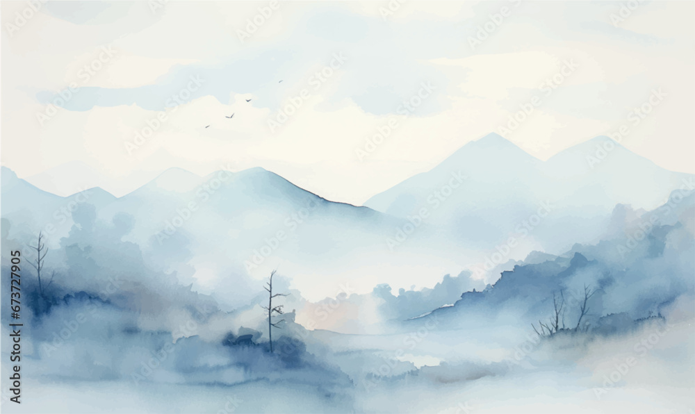 watercolor landscape background mountains in the fog