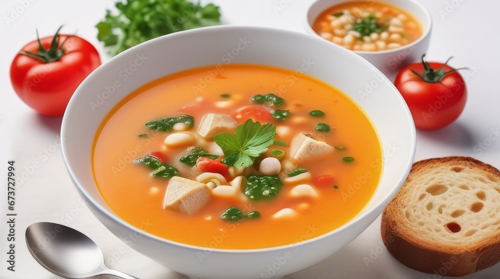 background of tomato soup with bread and vegetables background of tomato soup with bread and vegetables