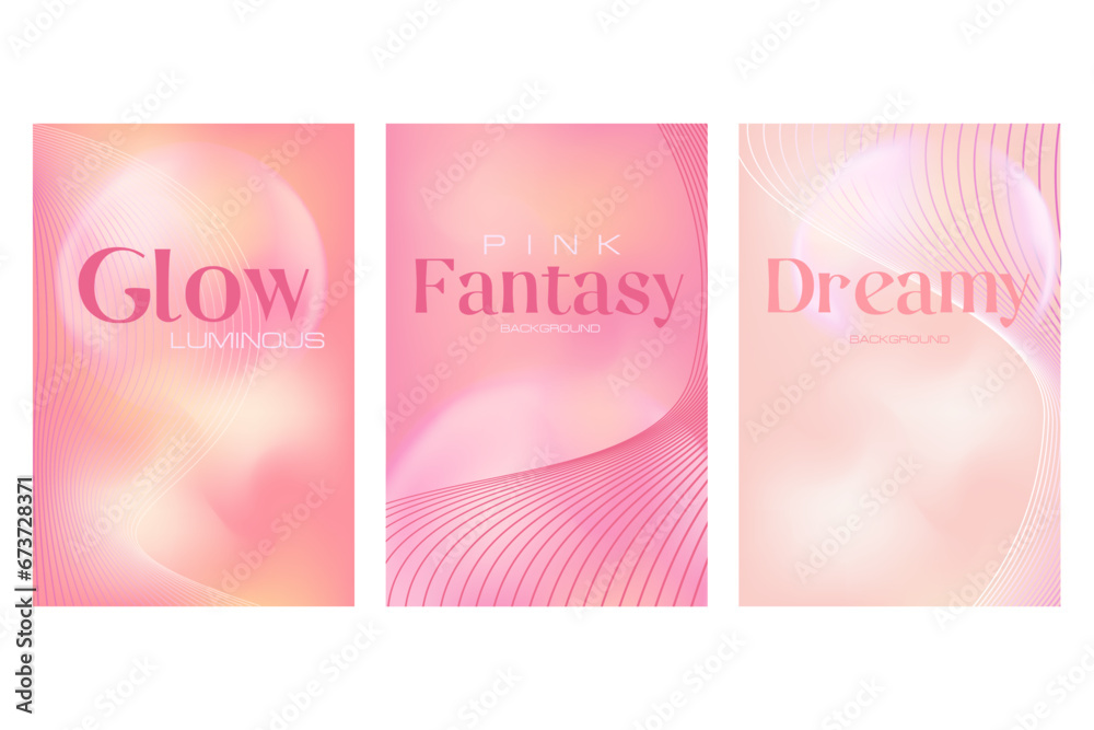 Elegant pink gradient background with abstract wavy lines and glowing bubbles. Wallpaper for cosmetic products, romantic, dreamy style. Perfect for presentations, card design, flyers, posters.
