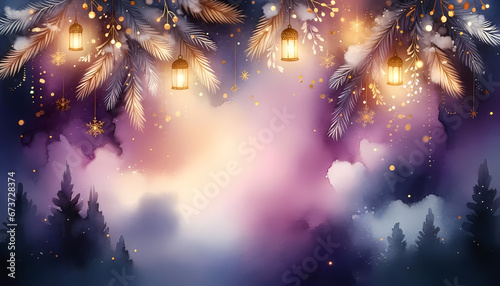 A serene watercolor background in dusk purple  illuminated with soft golden highlights that resemble the gentle glow of distant lanterns  crafting a cozy winter twilight ambiance.