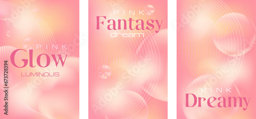 Modern pink set background with abstract wavy lines and flowing bubbles. Glowing nude wallpaper for cosmetic products, romantic, dreamy style. Perfect for presentations, card design, flyers, posters.