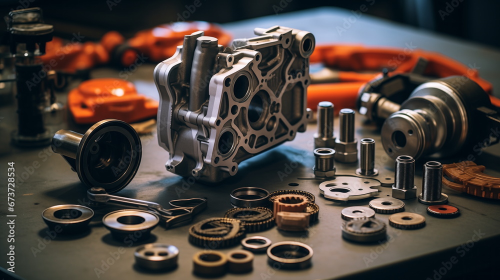 Auto repair, car engine repair, spare parts are laid out on the table. Maintenance of diesel and gasoline equipment, service center - obrazy, fototapety, plakaty 