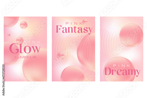 Pink gradient background with blurry bubbles, serum drops. Glowing nude color trendy wallpaper for beauty treatment, cosmetology. Perfect for presentations, card design, flyers, posters.