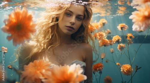 Portrait of a romantic woman underwater with flowers, blue water, orange yellow flowers