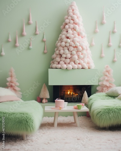 Step into a dreamy pastel wonderland filled with colorful christmas decorations, where a cozy fireplace adorned with pink pom poms warms the room and invites you to snuggle up on the floor