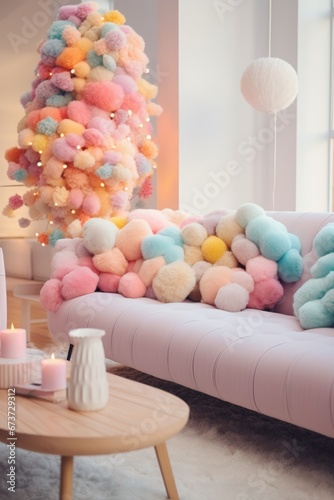 A vibrant pastel paradise filled with festive christmas decorations, featuring a playful couch adorned with colorful pom poms as the centerpiece of the indoor design, against a backdrop of whimsical 