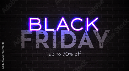 Premium black friday promo banner. Neon sign on a black brick wall.