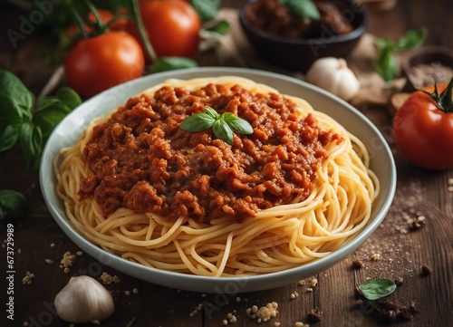 Delicious Italian spaghetti with bolognese at restaurant