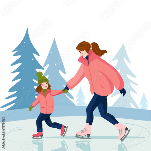 Mom and daughter ice skating. Have fun spending time together.