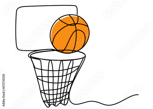 One continuous line drawing of basketball hoop with a ball. Sport, running, ball sports, activity, athlete, game, training, basket, jump, play. Editable stroke. Outline vector illustration