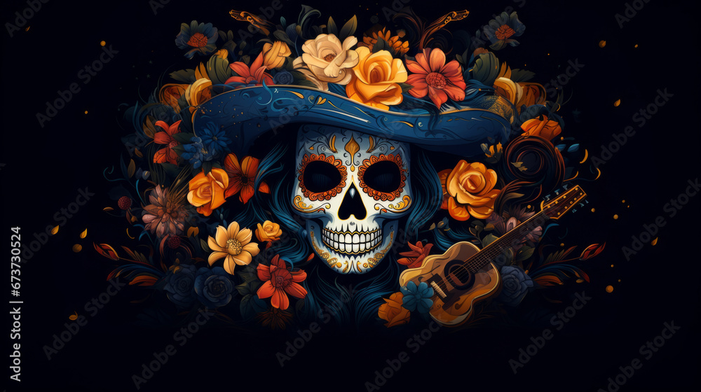Day of the dead sugar skull with hat, poster design, black background, illustration.