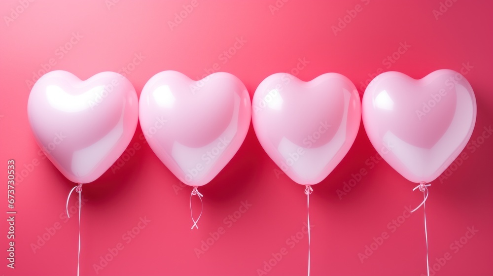 Birthday. Many pastel pink heart shaped balloons against vivid pink background. Bunch of colorful shaped foil balloons. Concept of love, St. Valentine Day, party, holiday celebration, decorations.